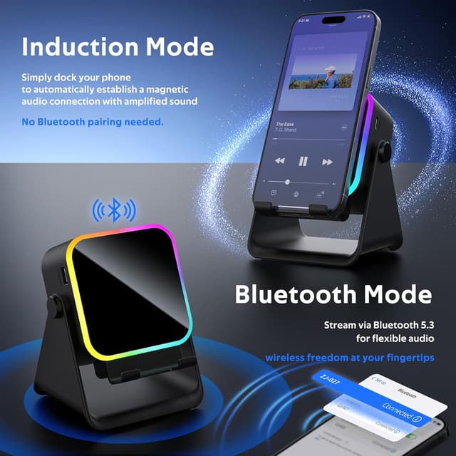 Detalle 2 de BIIB Vatertagsgeschenk für Papa – 6-in-1 Induktions-Bluetooth-Lautsprecher mit 360°-Handyhalter, RGB-Licht und Ladefunktion