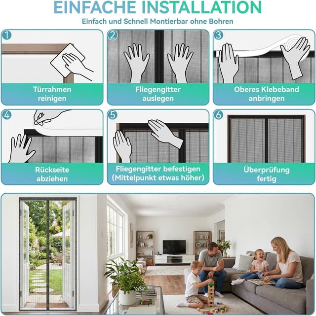 Thumbnail 6 de Auxmir Fliegengitter Balkontür Magnet (90 x 190 cm) – Insektenschutz ohne Bohren, extra starke Magnete, Schwarz