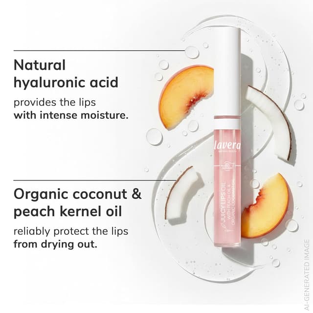 Detalle de lavera Juicy Lips Oil – pflegendes Lip Oil mit Bio-Kokosnuss & Bio-Pfirsich, natürliche Hyaluronsäure