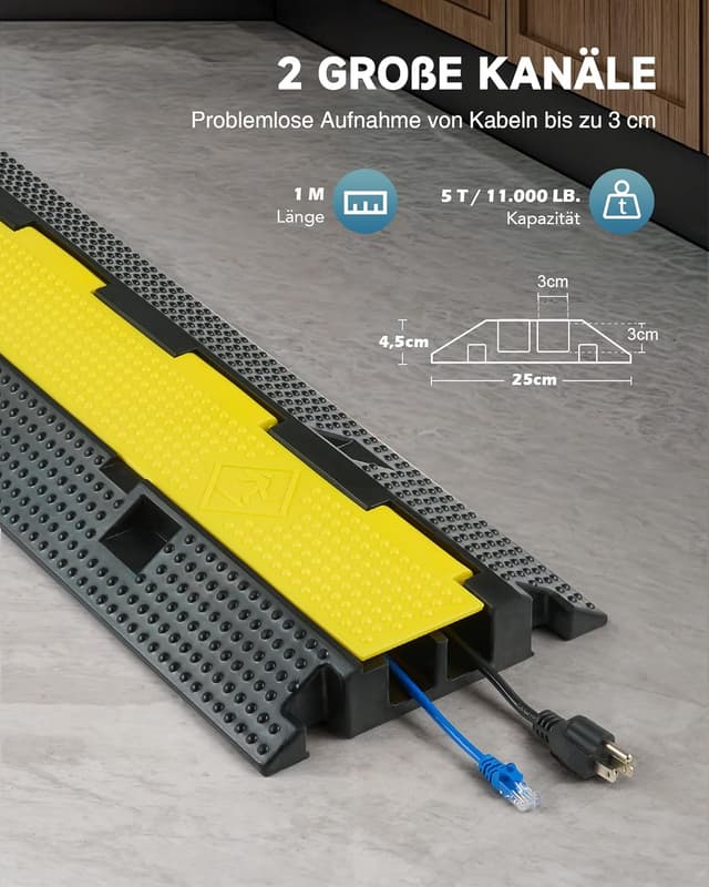 Detalle de CREWORKS Boden-Kabelbrücke Set (3 Stück) mit 2 Kabelkanälen für den Außeneinsatz – Kabelschutz für Parkplätze & Lager