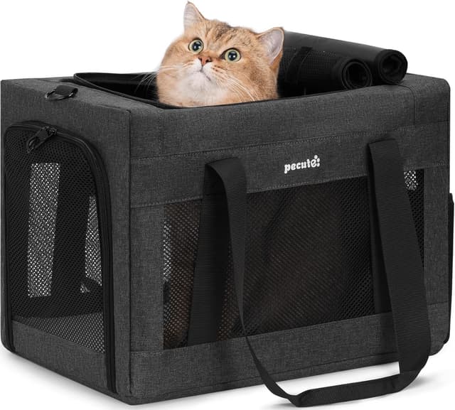 Detalle de pecute Katzentasche Transporttasche Stabiler Rahmen bis 8 kg, belüftet, abschließbare Reißverschlüsse – Hellgrau XL