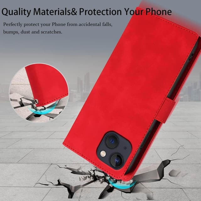 Detalle 2 de GOTOURED Handyhülle für iPhone 13 mit Klappverschluss, RFID-Blockierung, Kartenfächern, Handgelenksgurt und Ständer (Rot)