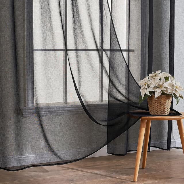 Detalle de EMEMA 2er-Set Sheer Voile-Gardinen mit Ösen, transparent, 140 x 225 cm (B x H), Schwarz