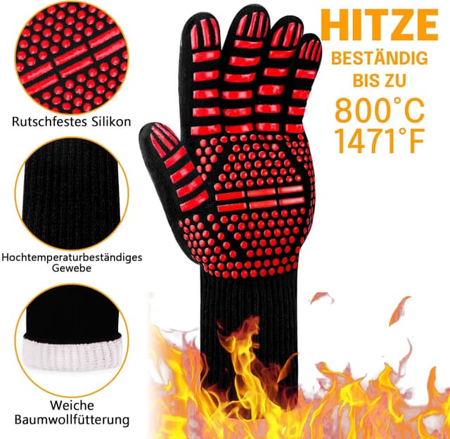 Detalle 2 de Reinalin Grillhandschuhe hitzebeständig bis 800 °C (EN407/EN388) – Ofen-, BBQ- und Backhandschuhe in Rot, L/XL/XXL