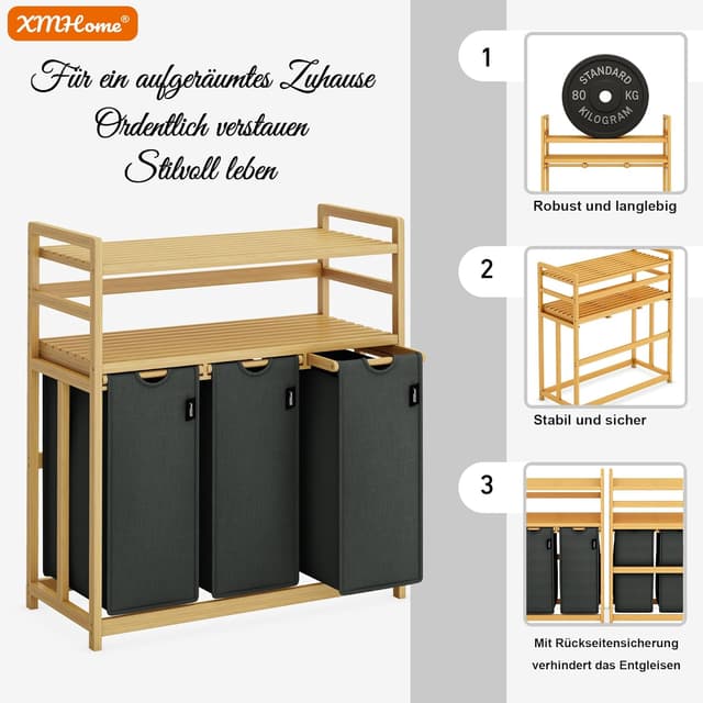 Detalle 2 de XMHome Wäschesammler 3 Fächer 148 L Dunkelgrau