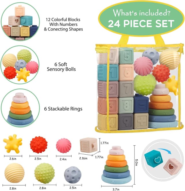 Detalle de Plunack 24 Pack Montessori Toys: soft building blocks, teething squeeze toys & sensory balls
