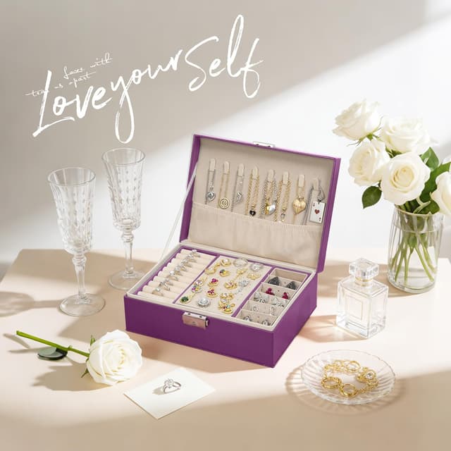 Detalle 2 de Homeanda Jewellery Box with Lock (Purple) – 2-layer leather organiser for necklaces, earrings, rings and bracelets
