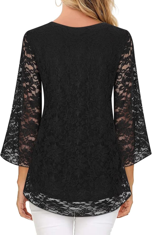 Detalle de Syphiby Womens Ruffle 3/4 Sleeve Square Neck Chiffon Tunic Top (Double Layer Mesh) – M-3XL