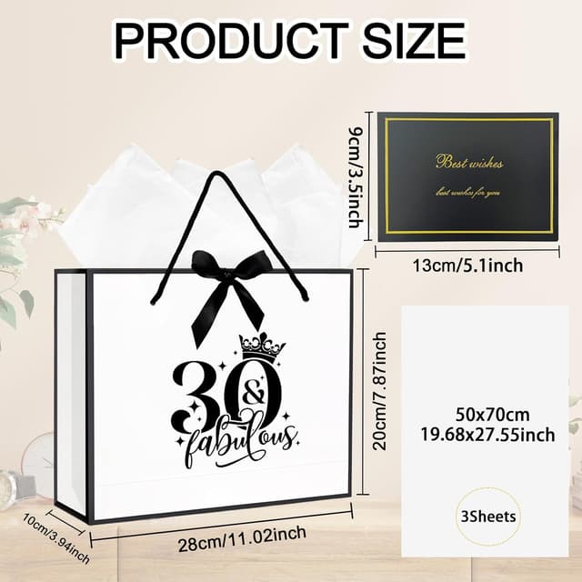 Detalle 2 de 30th Birthday Gift Bag with Tissue Paper and Card (28 x 10 x 20 cm) – Medium Unisex Party Gift Bag
