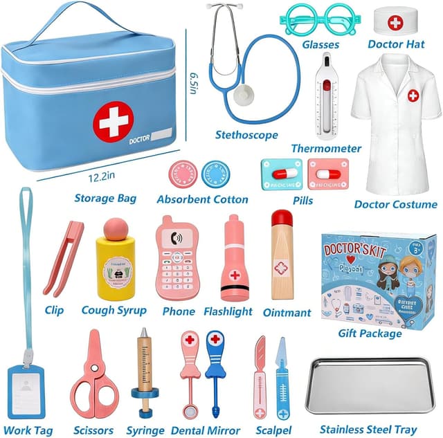 Detalle 2 de Teneytoyz Kinder-Arztkoffer aus Holz mit echtem Stethoskop & Arztkittel – Doktorkoffer für Rollenspiele