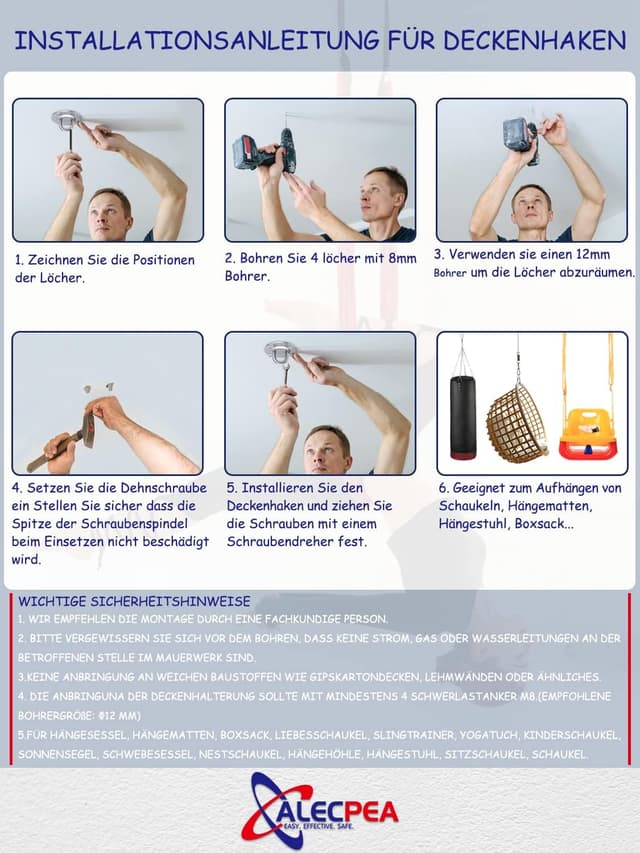 Detalle 2 de ALECPEA Edelstahl Deckenhaken für Boxsäcke (2er Set) – bis 400 kg Tragkraft