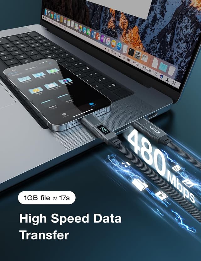 Detalle 2 de XKCZ 4-in-1 USB-C Cable with Wattage Display (140W, 5FT) – Multi-Charge USB-A/USB-C for iPhone, iPad, Samsung & Laptops