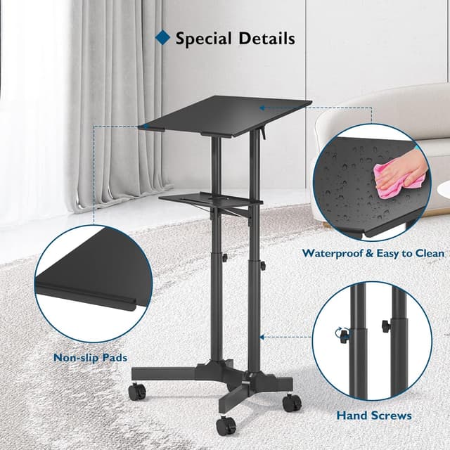 Detalle de BONTEC Adjustable Mobile Laptop Desk with Wheels (60x40 cm) – Rolling Stand-Up Workstation