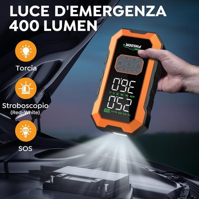 Detalle 2 de Avviatore Batteria Auto con Compressore 150 PSI, 8000A/25000 mAh e Torcia LED (arancione)