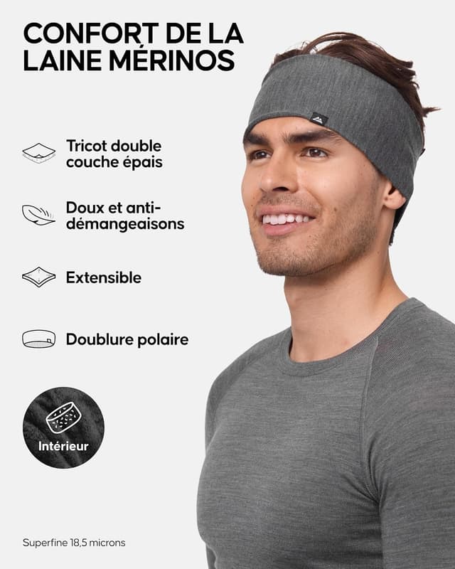 Thumbnail 1 de DANISH ENDURANCE Bandeau laine mérinos avec doublure polaire thermique gris foncé (S/M) – unisexe