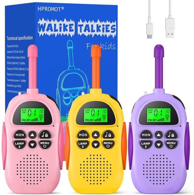 Detalle de HPROMOT Kinder Walkie-Talkies im 3er-Set, aufladbar mit LCD, Taschenlampe, 16 Kanäle