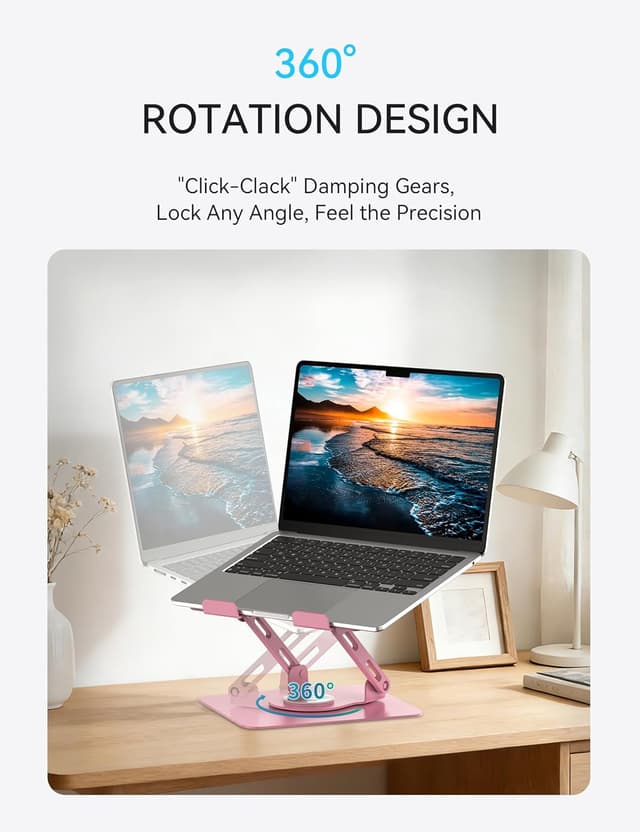 Detalle de SOUNDANCE 360° Rotating Laptop Stand (10–15.6in) with Adjustable Height, Foldable Metal Riser – Pink