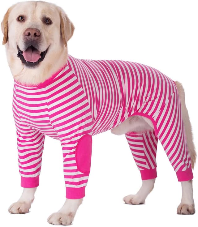 Detalle de BT Bear Large Dog Clothes Dog Pajamas Jumpsuit (Cotton Striped, Zip-up) – Hot Pink, Medium/Large Fit