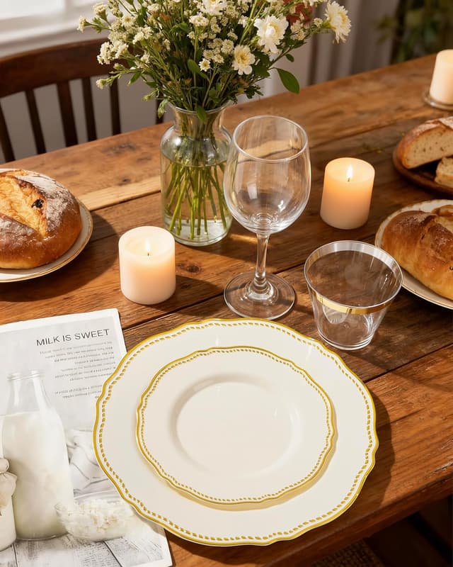 Detalle 2 de Hioasis 60pc Ivory & Gold Disposable Dinnerware Plates (7-inch) for Parties and Weddings