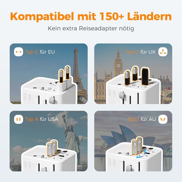 Detalle de TESSAN Weltreiseadapter mit USB‑C GaN 65 W (PD) und 5 USB – universeller Reise-Stecker für USA, UK, Japan, Australien & mehr