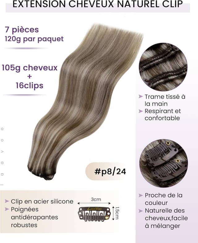 Detalle de LaaVoo Extension Cheveux Naturel Clip Brun Balayage Platine – 7 pcs, 45 cm