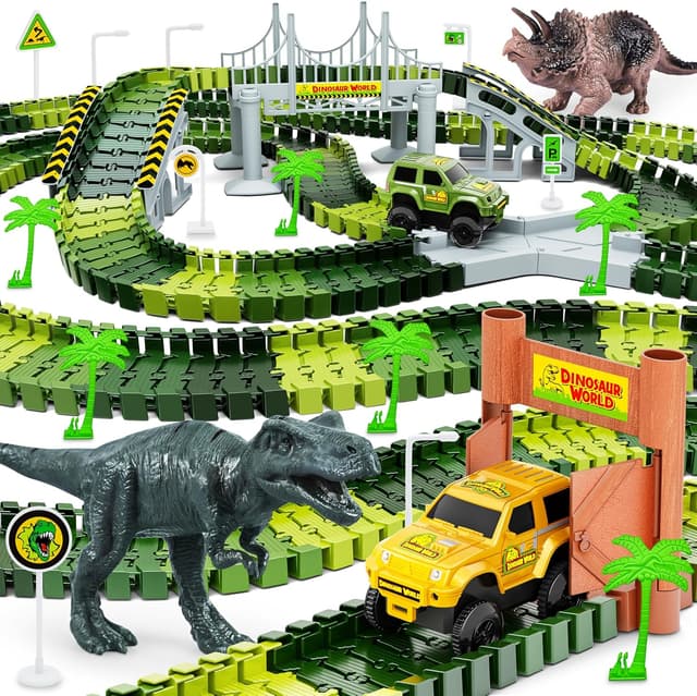 Detalle de Dinosaur Tracks 271-Piece Flexible Dinosaur World Road Race Train Track Set (Race Cars + Dinosaur Figures) for Ages 3+