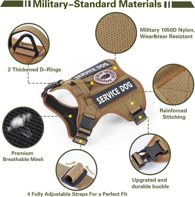 Detalle de Belababy Tactical Anti Pull Dog Harness (Wolf Brown) with Front Clip, Handle & MOLLE – Adjustable Service Vest, S