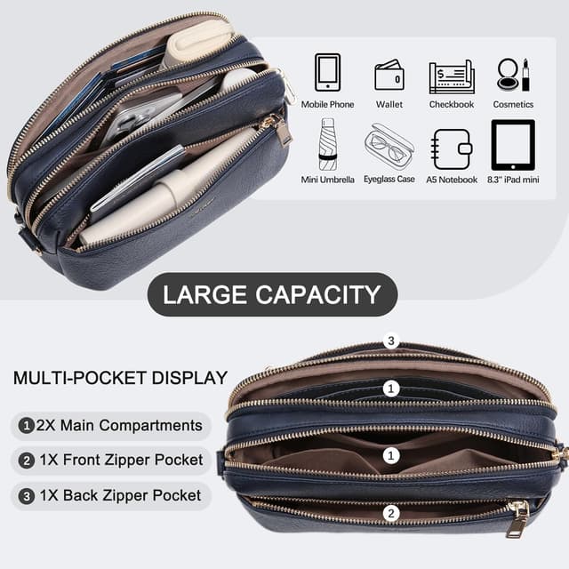 Detalle 1 de HILAEX Anti-Theft Crossbody Bag for Women with RFID Blocking and 4 Zip Compartments