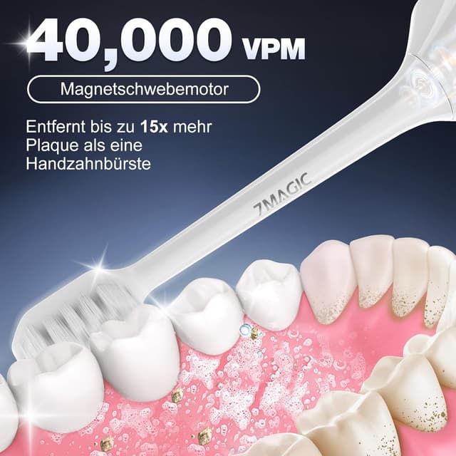 Detalle 2 de 7MAGIC Elektrische Zahnbürste & Schallzahnbürste mit 3 Intensitäten, 5 Modi, 40.000 VPM, IPX7 und 180 Tagen Akku