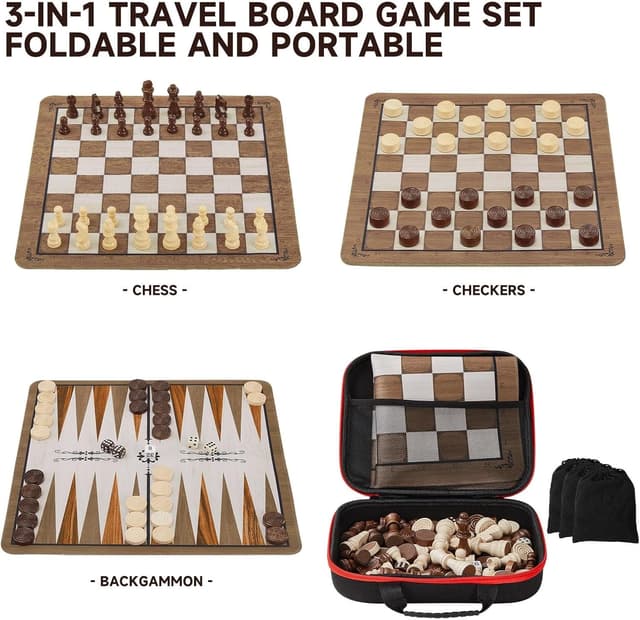 Detalle 2 de 3-in-1 Travel Chess Set (Foldable 15.7 inch board) with Backgammon & Checkers Mousepad Mat and Storage Bag