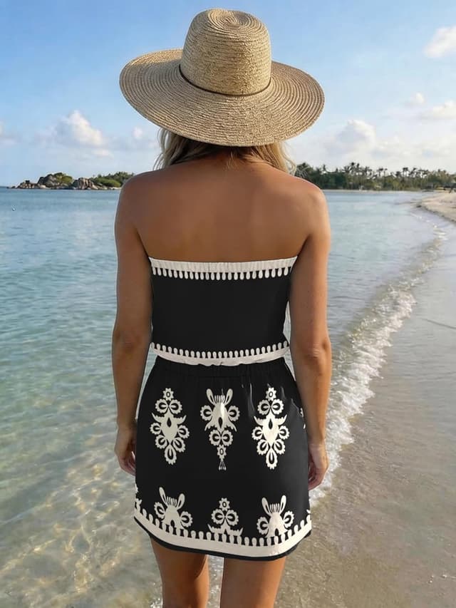 Detalle 1 de SAUKOLE Strapless Summer Dress for Women with Drawstring Waist and Pockets