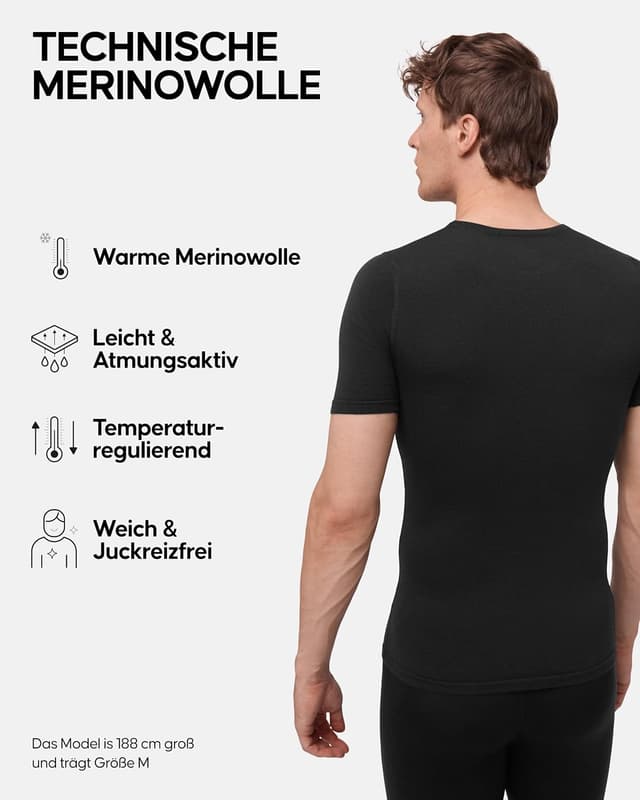Detalle de DANISH ENDURANCE Merino Shirt Herren – Premium Thermo-Unterhemd Kurzarm mit Temperaturregulation