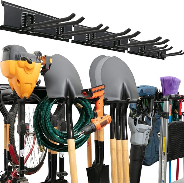 Detalle de TIDYME Garage Tool Organizer Wall Mount (48 in) with Adjustable Hooks — 300 lbs Capacity, Anti-Rust Steel Storage Rack