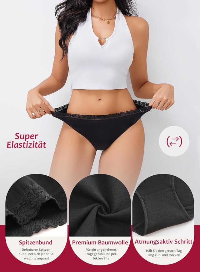 Detalle 2 de BeReady Mutande Donna in cotone con pizzo morbido e traspirante, confezione da 6 slip (S–XXL)