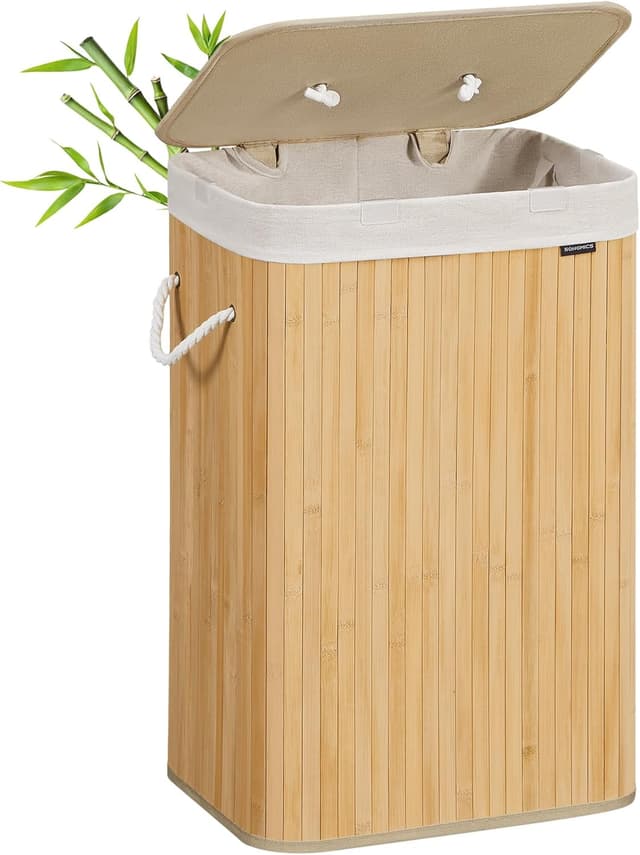 Detalle de SONGMICS LCB10Y – Panier à linge en bambou avec couvercle 72 L, pliable et sac amovible lavable