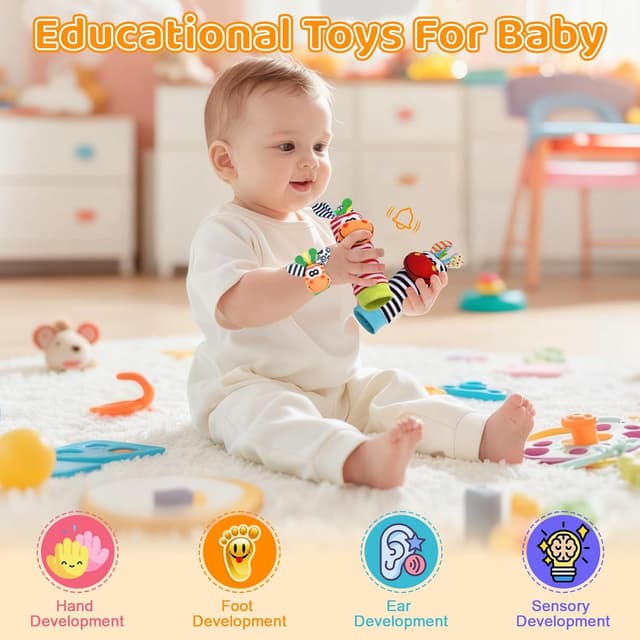 Detalle de Vicloon 4-teiliges Set Rasselsocken & Handgelenk-Rassel aus Plüsch (0–6/0–12 Monate)