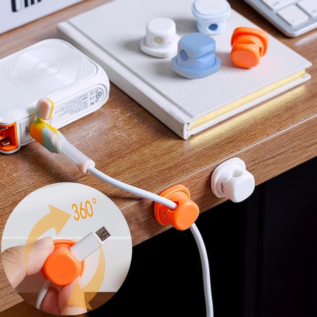 Detalle de Chuainxin Kabelorganizer-Set mit 6 drehbaren, selbstklebenden Kabelhaltern und Klettband