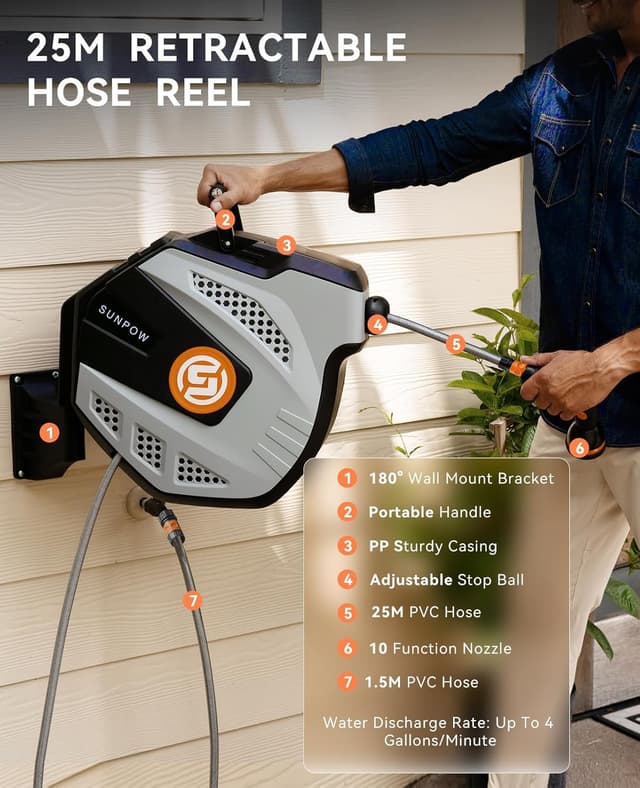 Detalle de SUNPOW hose reel 25m retractable garden hose