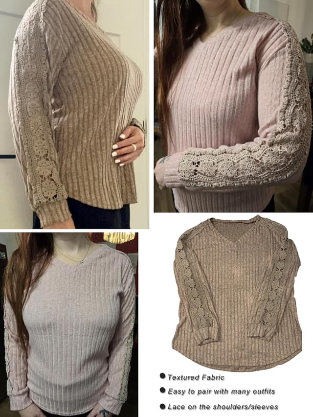 Detalle de Famulily V Neck Jumper for Women – lightweight hollow-out long sleeve top for layering