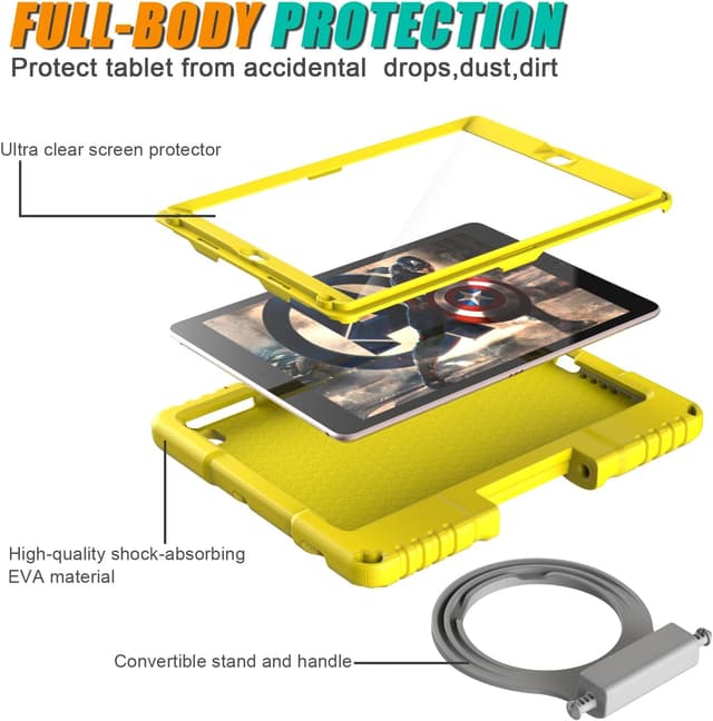 Detalle de TrendGate iPad 9.7 Case for Kids (6th/5th Gen 2018/2017) with Built-in Screen Protector & Grip Stand - Yellow