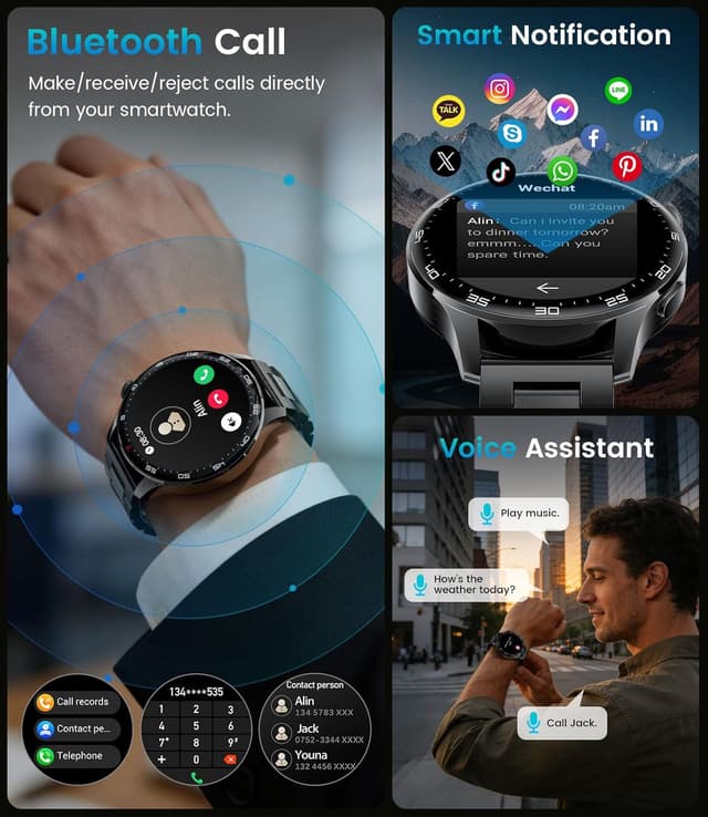 Detalle de Montre connectée homme 1,7" HD avec appel Bluetooth, capteur cardio et écran tactile