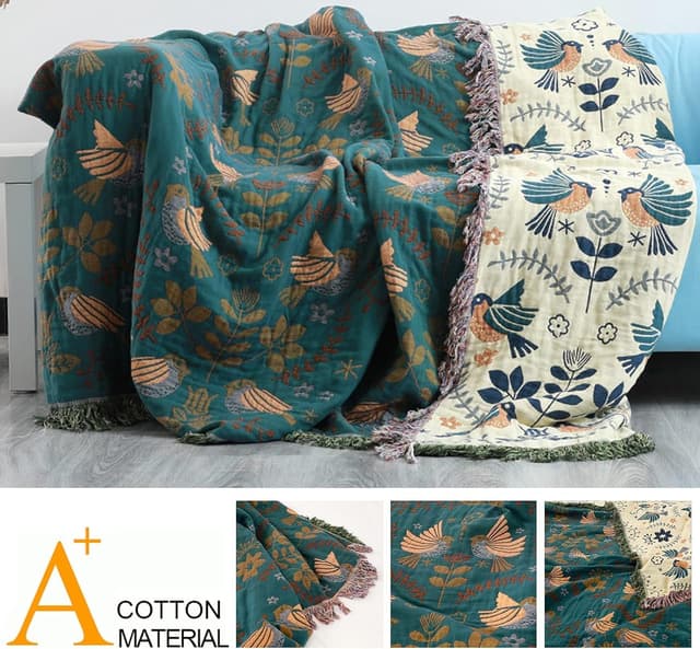 Detalle 2 de HOORDRY 150 x 200 cm Cotton Bed Throw with Tassels – Reversible Boho Blanket for Sofa or Bed (Green/White)