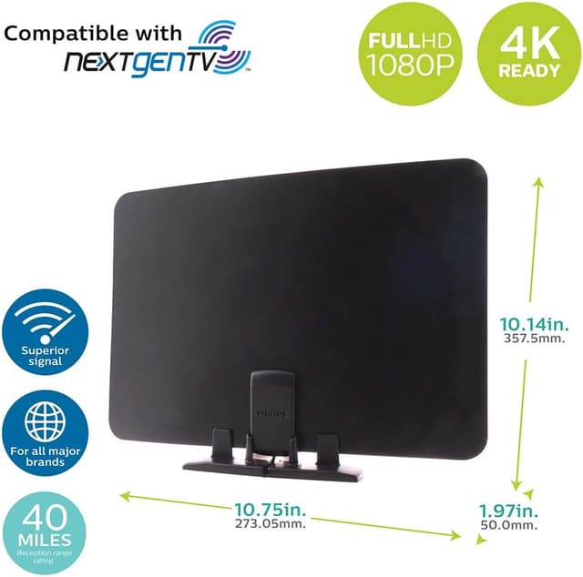 Detalle de Philips Indoor Switch TV Antenna (SDV2226N/27) — Reversible Black/White Long-Range Digital HDTV Antenna with 10ft Coax