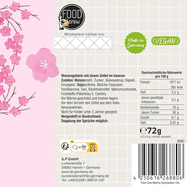 Detalle 2 de Matcha Glückskekse 12er Pack von FOOD crew