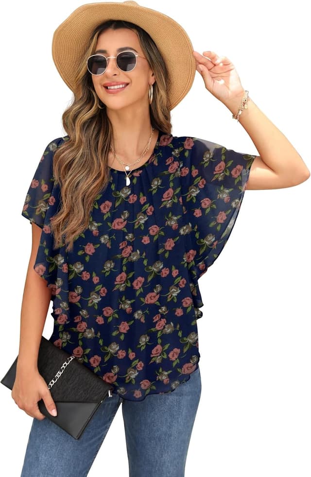 Detalle de QIXING Chiffon Kurzarm Bluse Damen mit Fledermausärmel und Rundhalsausschnitt