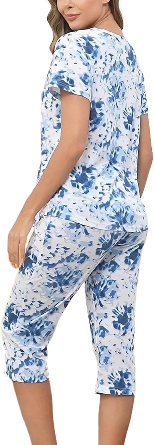 Detalle de Inadays Women’s Cotton Pajama Sets (Short Sleeve Top + Capri Pants) – 2-Piece Summer Lounge Set