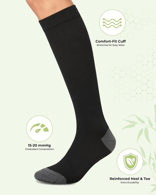Detalle de SAIWEYNEE Women’s Compression Socks (15–20 mmHg) Knee High, Bamboo Viscose, 3-Pair Set
