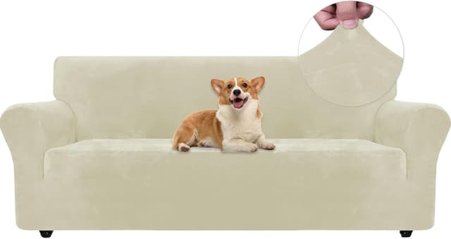 Detalle de Ystyle Copridivano Velluto beige per divano 3 posti con braccioli, copripoltrona antigriffio elasticizzato