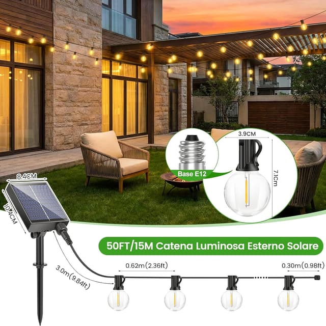 Detalle de FGRYB Catena luminosa da esterno solare FGRYB con lampadine G40 da 15 m, ricarica ibrida USB-C e telecomando