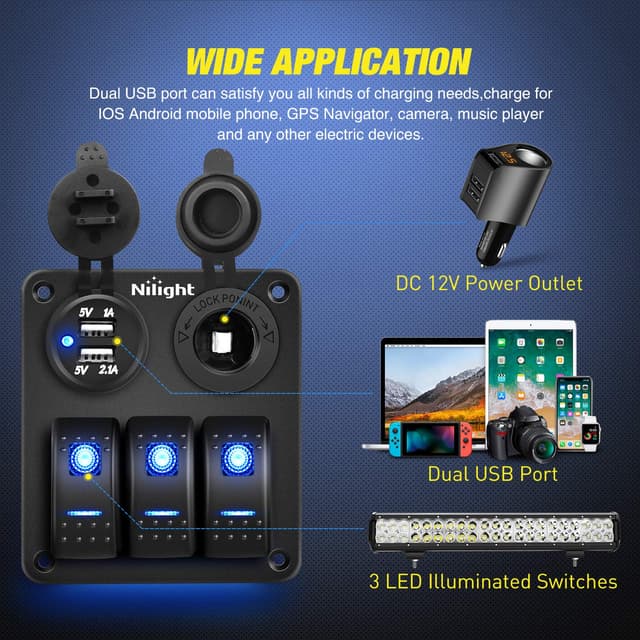 Detalle 2 de Nilight 90115C 3-Gang Waterproof Rocker Switch Panel with Dual USB Charger Socket & 12V Cigarette Lighter